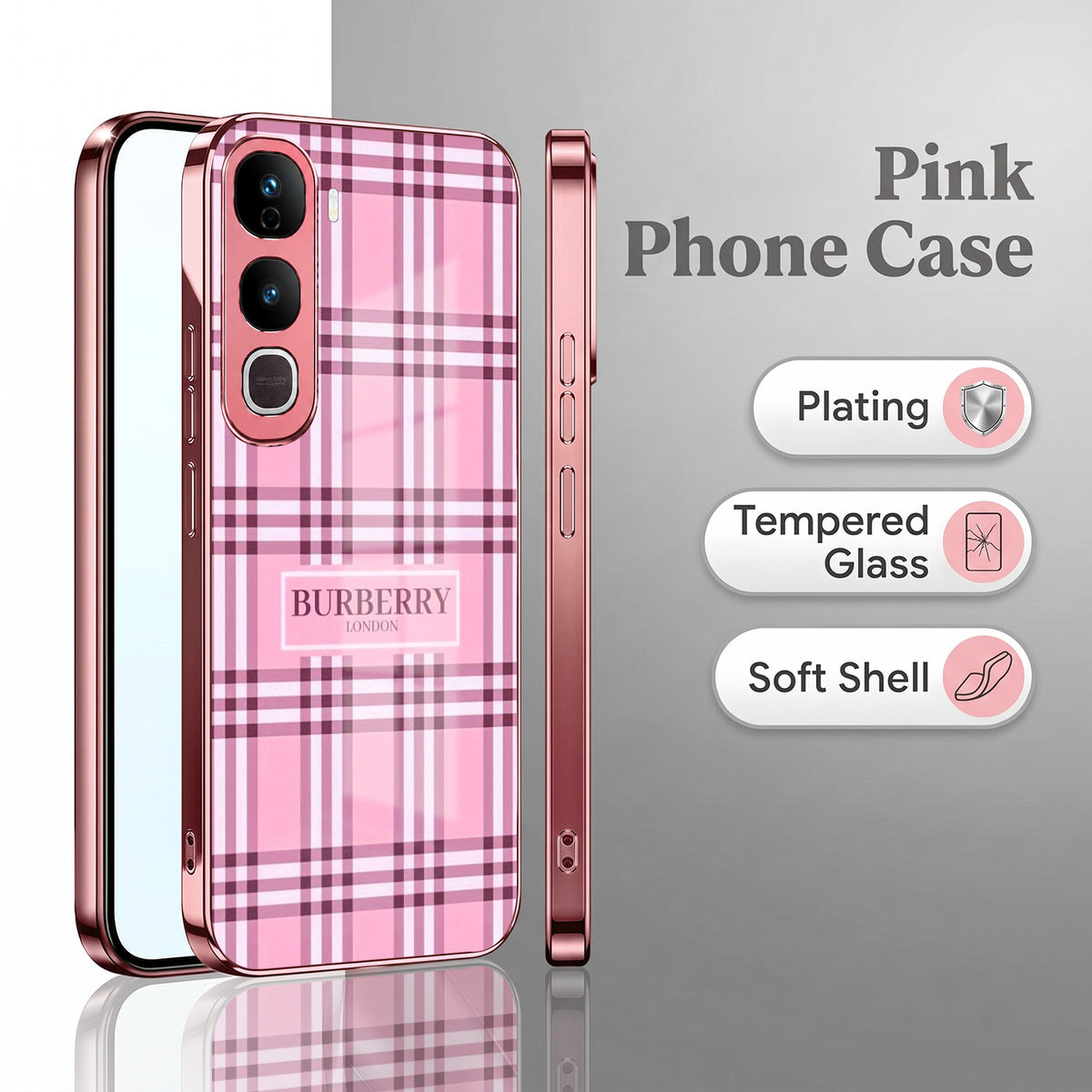 Vivo Y400 Pro 5G Burberry Classic Pink Electroplated Glass Phone Back Case
