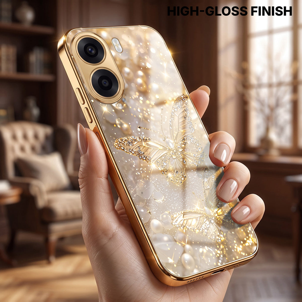 Oppo K14x 5G Golden Butterfly Gold Electroplated Glass Phone Back Case