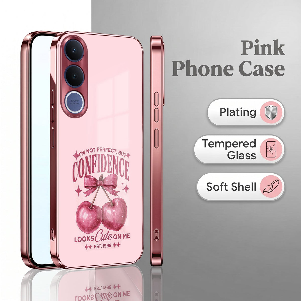 Vivo V70 FE 5G Luxury Cherry Bow Pink Electroplated Glass Phone Back Case