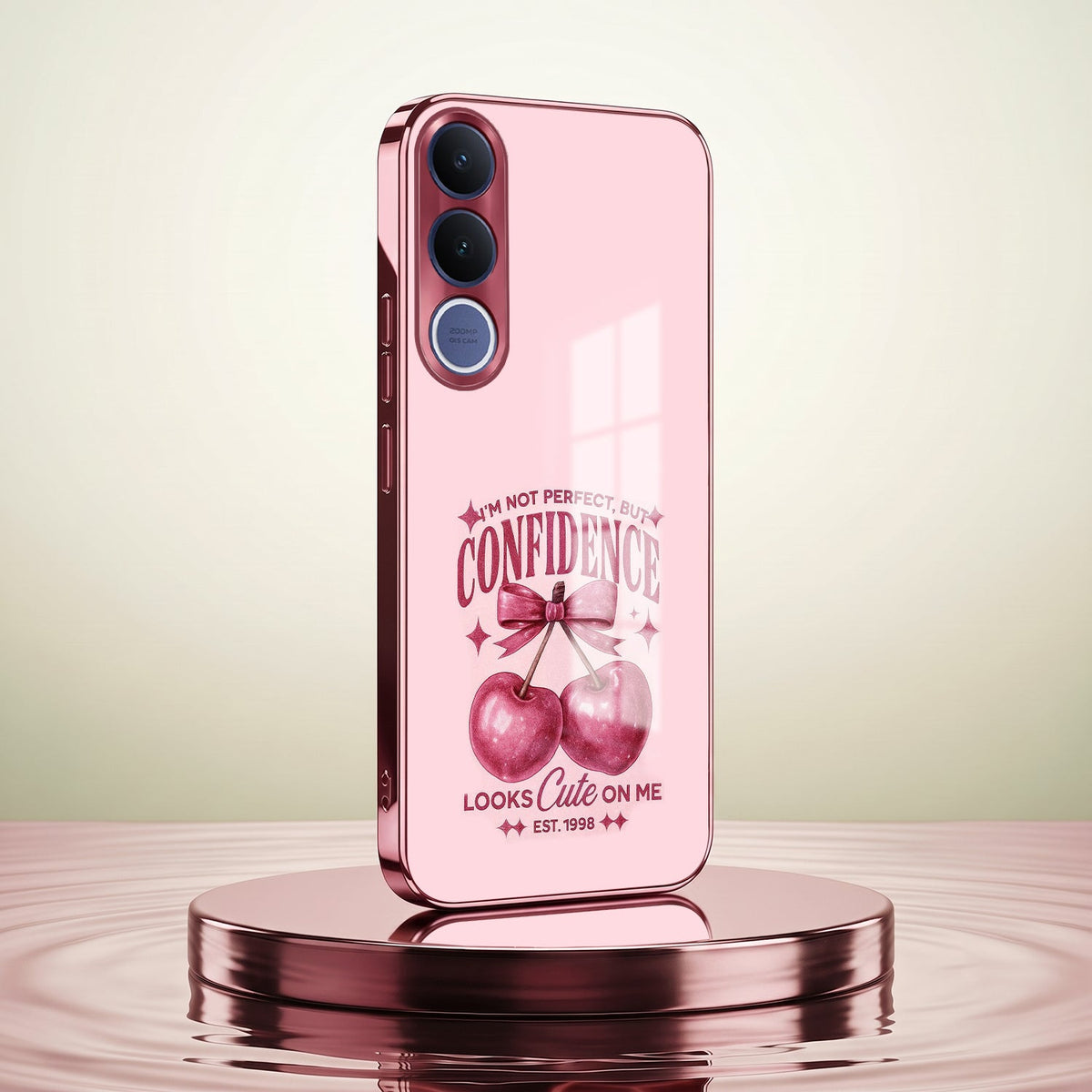 Vivo V70 FE 5G Luxury Cherry Bow Pink Electroplated Glass Phone Back Case