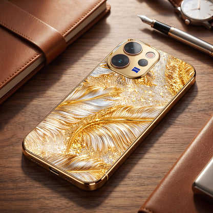 Vivo V70 5G Golden Feather Marble Gold Electroplated Glass Phone Back Case