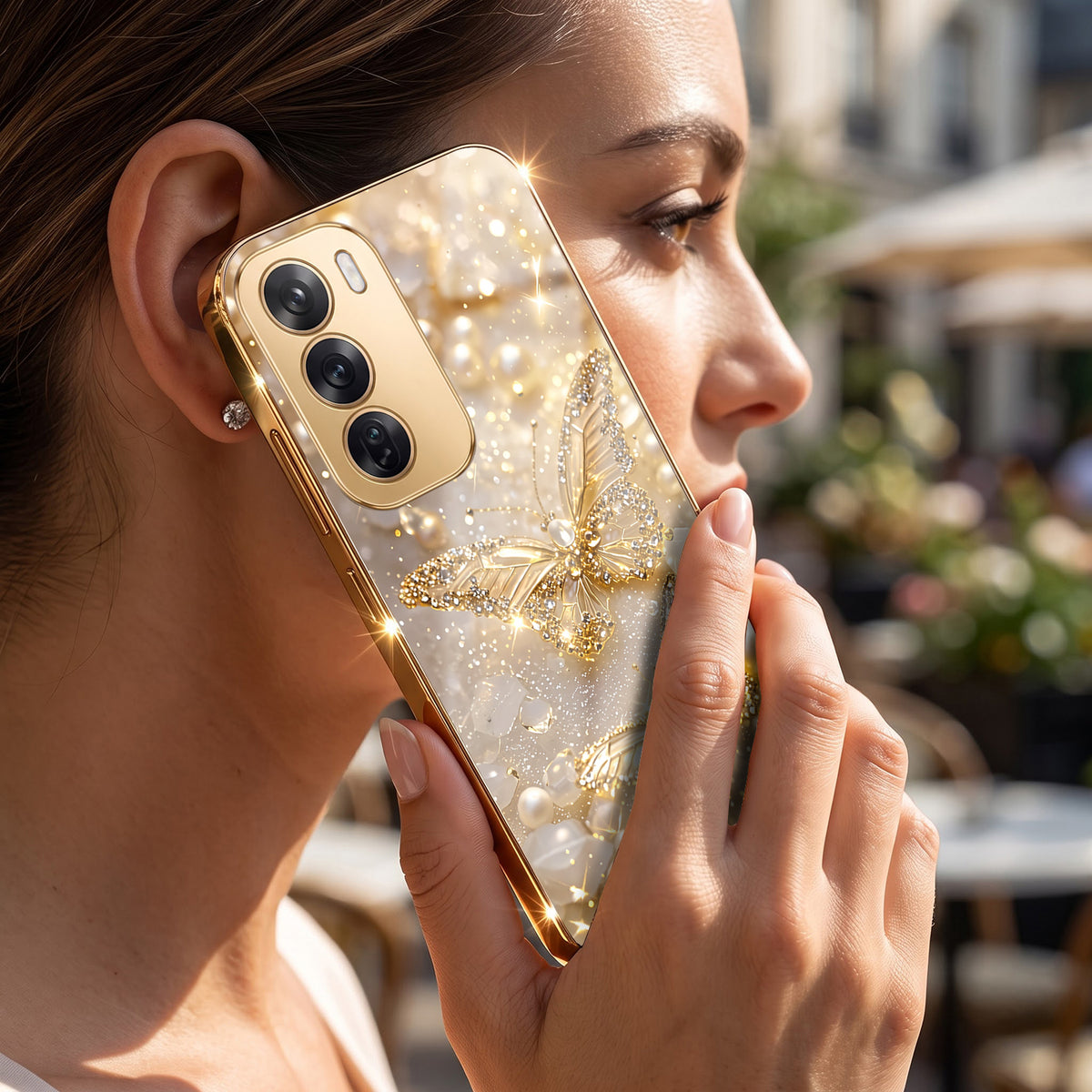 Oppo Reno 12 Pro 5G Golden Butterfly Gold Electroplated Glass Phone Back Case