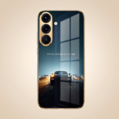 Samsung Galaxy A56 5G Porsche Luxury Gold Electroplated Glass Phone Back Case