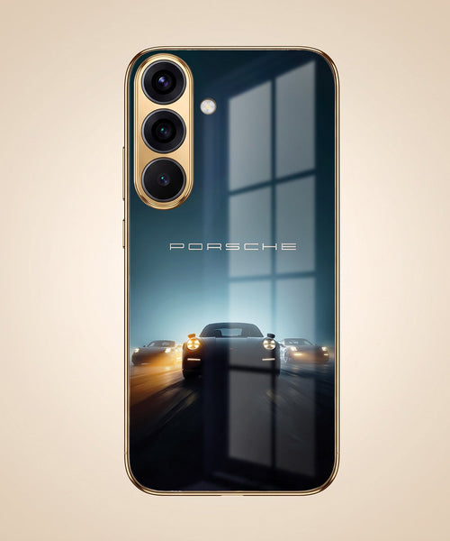 Samsung Galaxy A56 5G Porsche Luxury Gold Electroplated Glass Phone Back Case