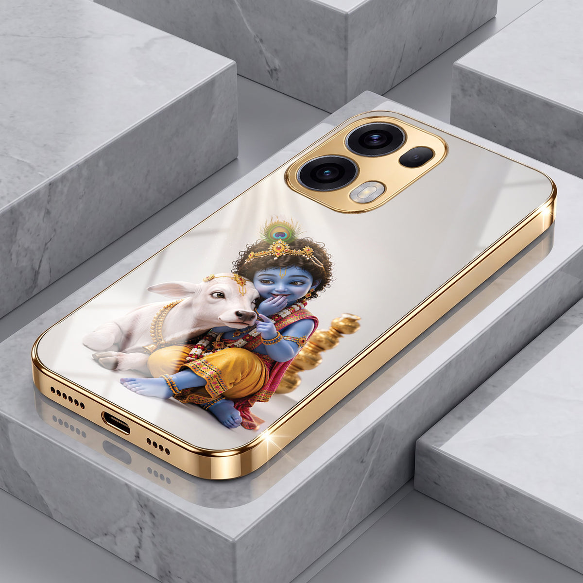 Oppo Reno 13 Pro 5G Bal Krishna Blessings Gold Electroplated Glass Phone Back Case