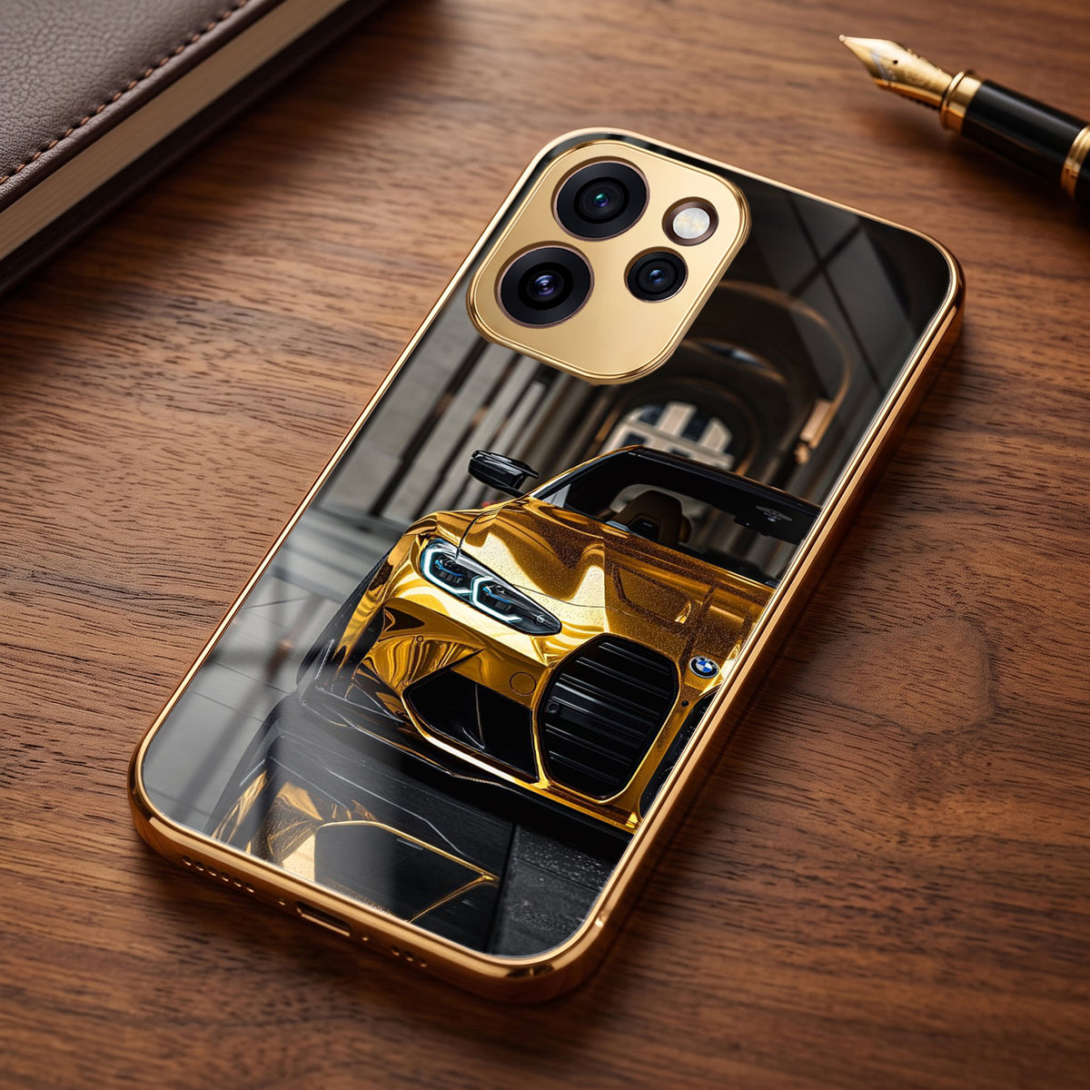 Oppo Reno 15 Pro Mini 5G Golden BMW Gold Electroplated Glass Phone Back Case