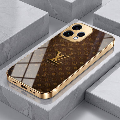 Oppo Reno 15 5G LV Brown Monogram Gold Electroplated Glass Phone Back Case