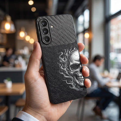 Samsung Galaxy A27 5G Skull Art Carbon Fiber Leather Hybrid Back Case