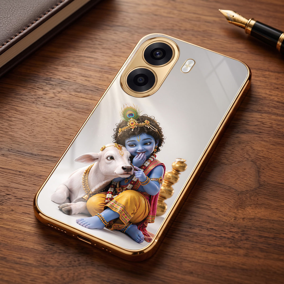 Oppo K14x 5G Bal Krishna Blessings Gold Electroplated Glass Phone Back Case
