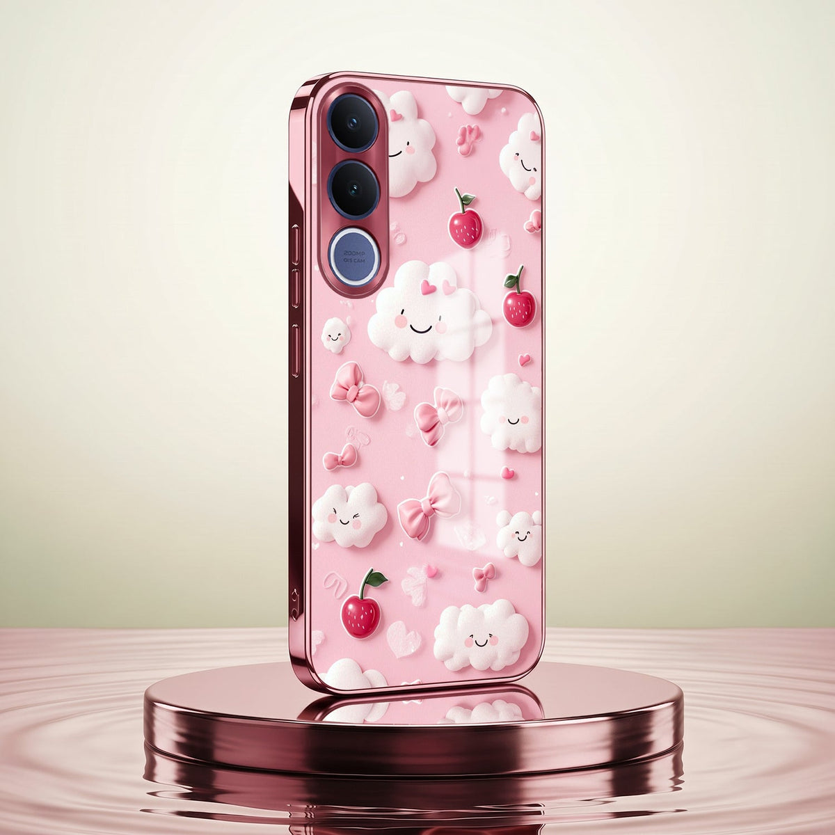Vivo V70 FE 5G Luxury 3D Clouds Pink Electroplated Glass Phone Back Case