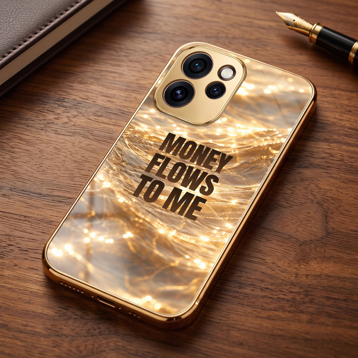 Oppo Reno 15 Pro Mini 5G Money Flows To Me Gold Electroplated Glass Phone Back Case