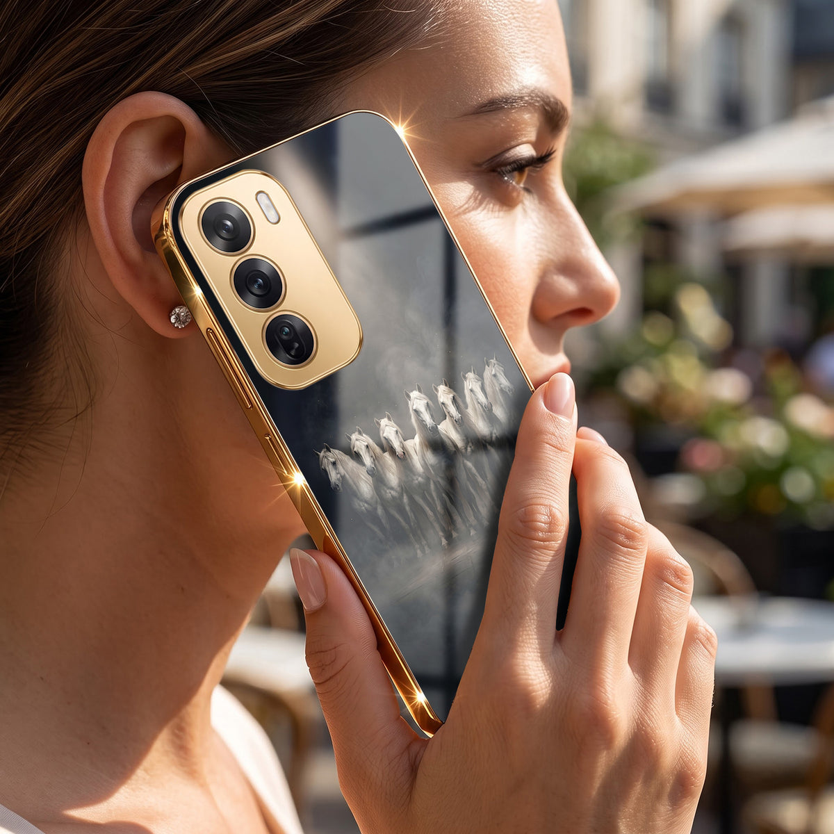 Oppo Reno 12 Pro 5G Running Horses Gold Electroplated Glass Phone Back Case