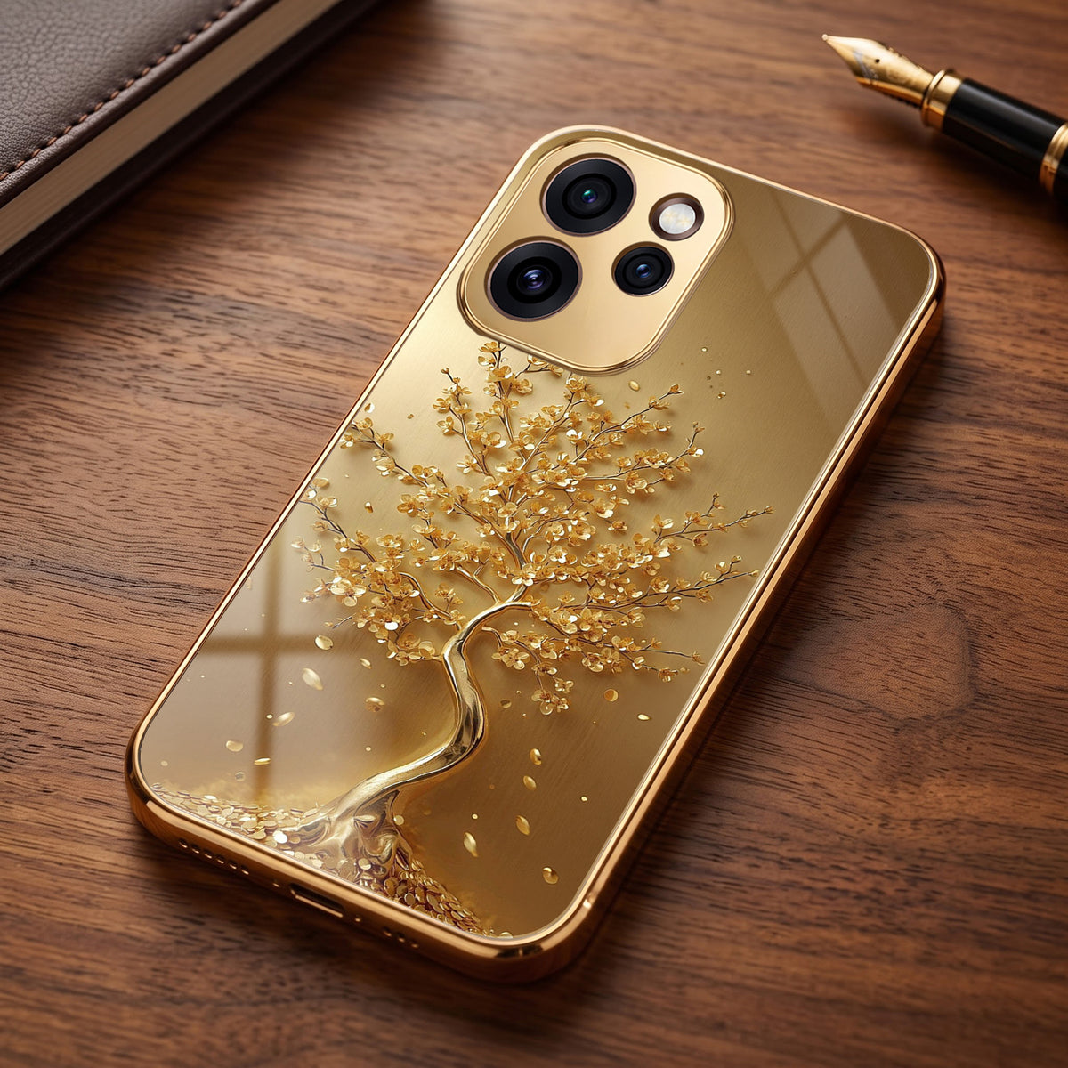 Oppo Reno 15 Pro Mini 5G Golden Tree Gold Electroplated Glass Phone Back Case