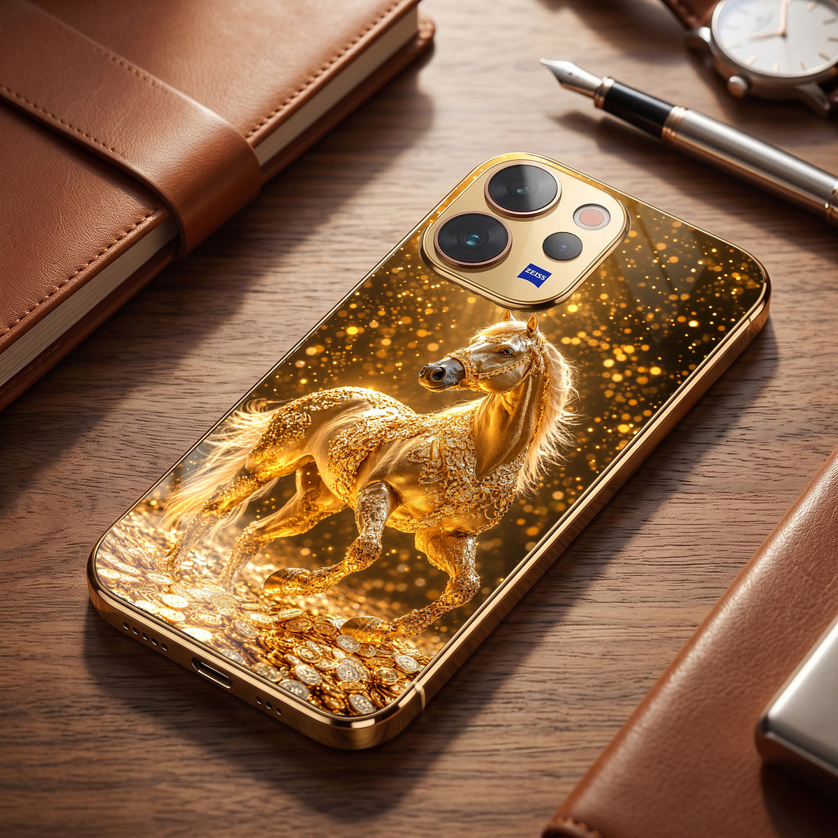 Vivo V50 5G Golden Horse Sparkle Gold Electroplated Glass Phone Back Case