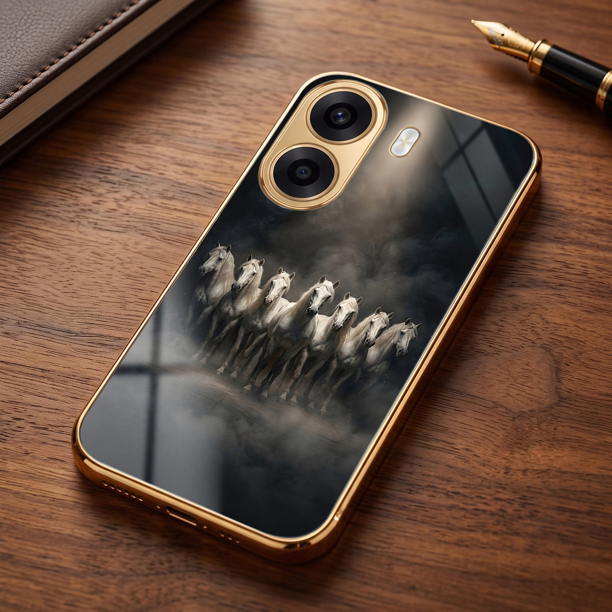Oppo K14x 5G Running Horses Gold Electroplated Glass Phone Back Case