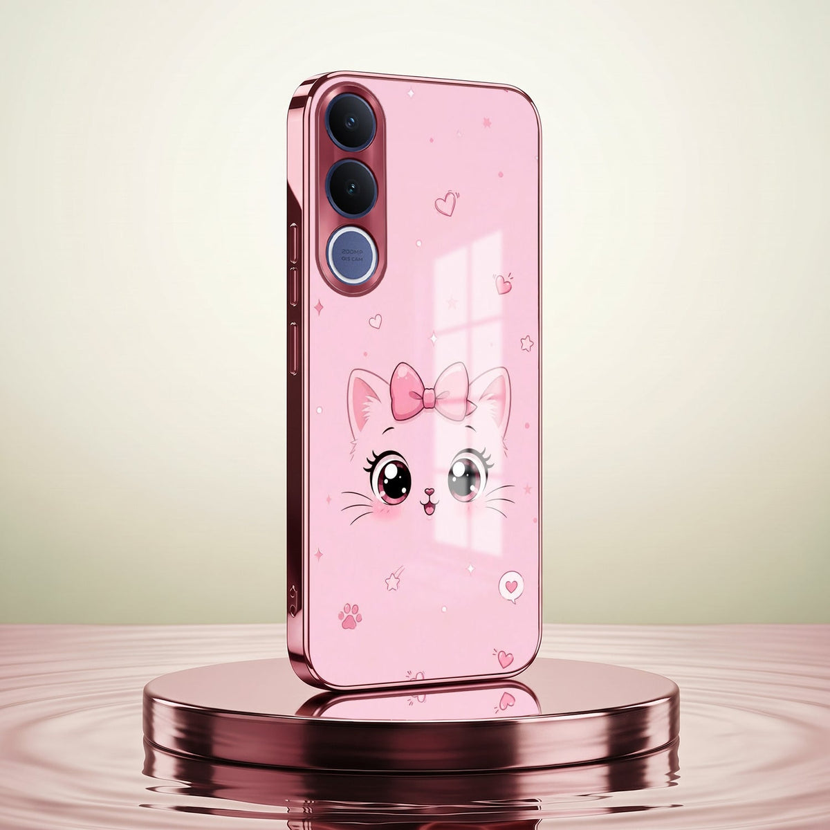 Vivo V70 FE 5G Luxury Cute Cat Pink Electroplated Glass Phone Back Case