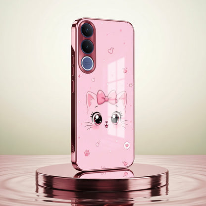 Vivo V70 FE 5G Luxury Cute Cat Pink Electroplated Glass Phone Back Case