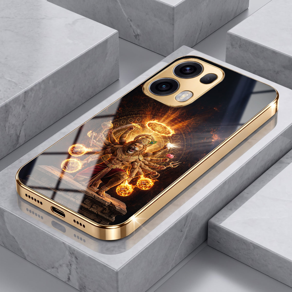 Oppo Reno 13 Pro 5G Lord Narasimha Gold Electroplated Glass Phone Back Case