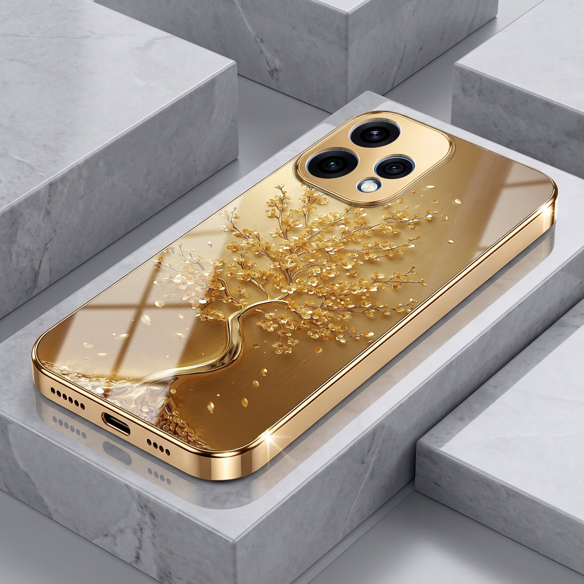 Oppo Reno 15 5G Golden Tree Gold Electroplated Glass Phone Back Case