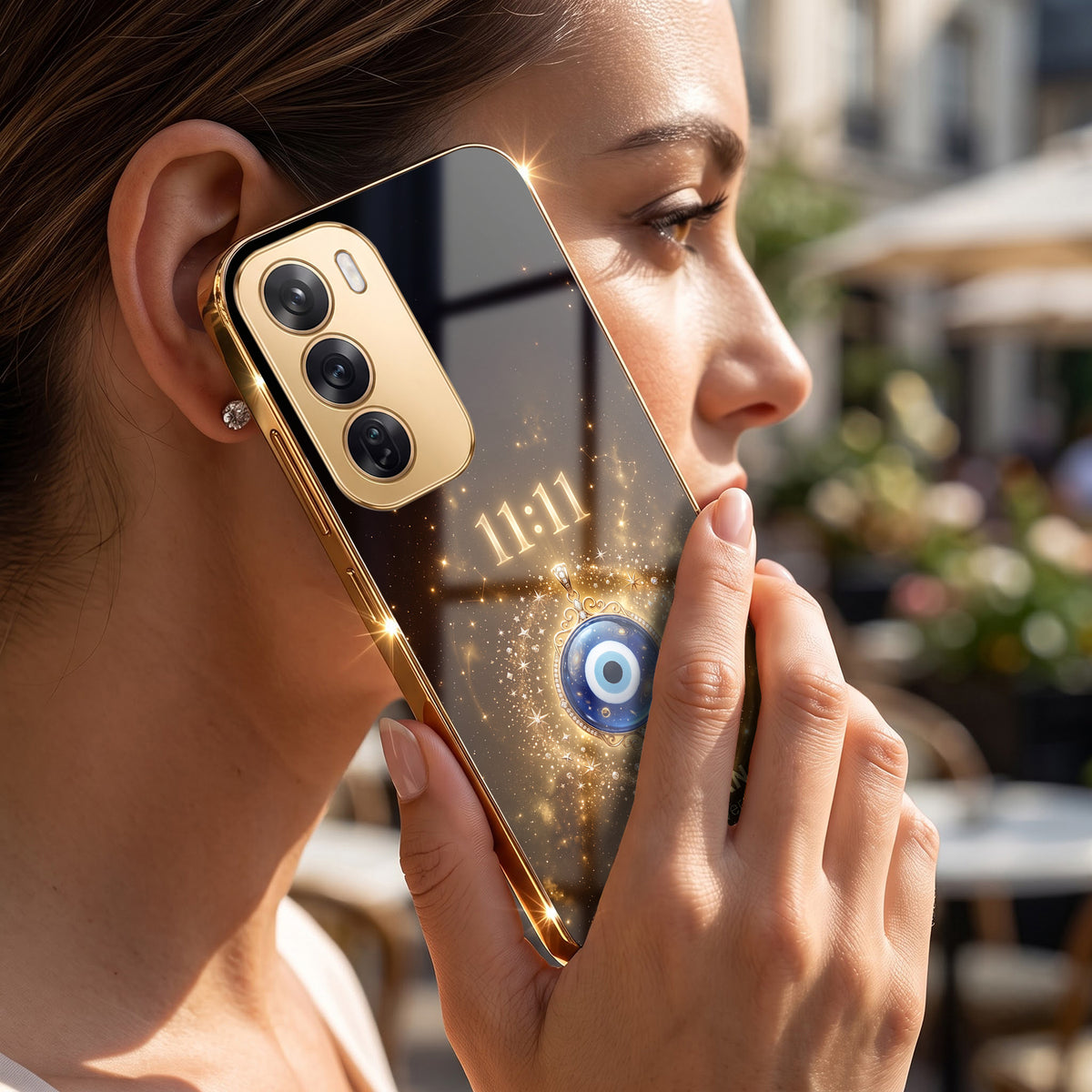 Oppo Reno 12 Pro 5G God’s Plan Evil Eye Gold Electroplated Glass Phone Back Case