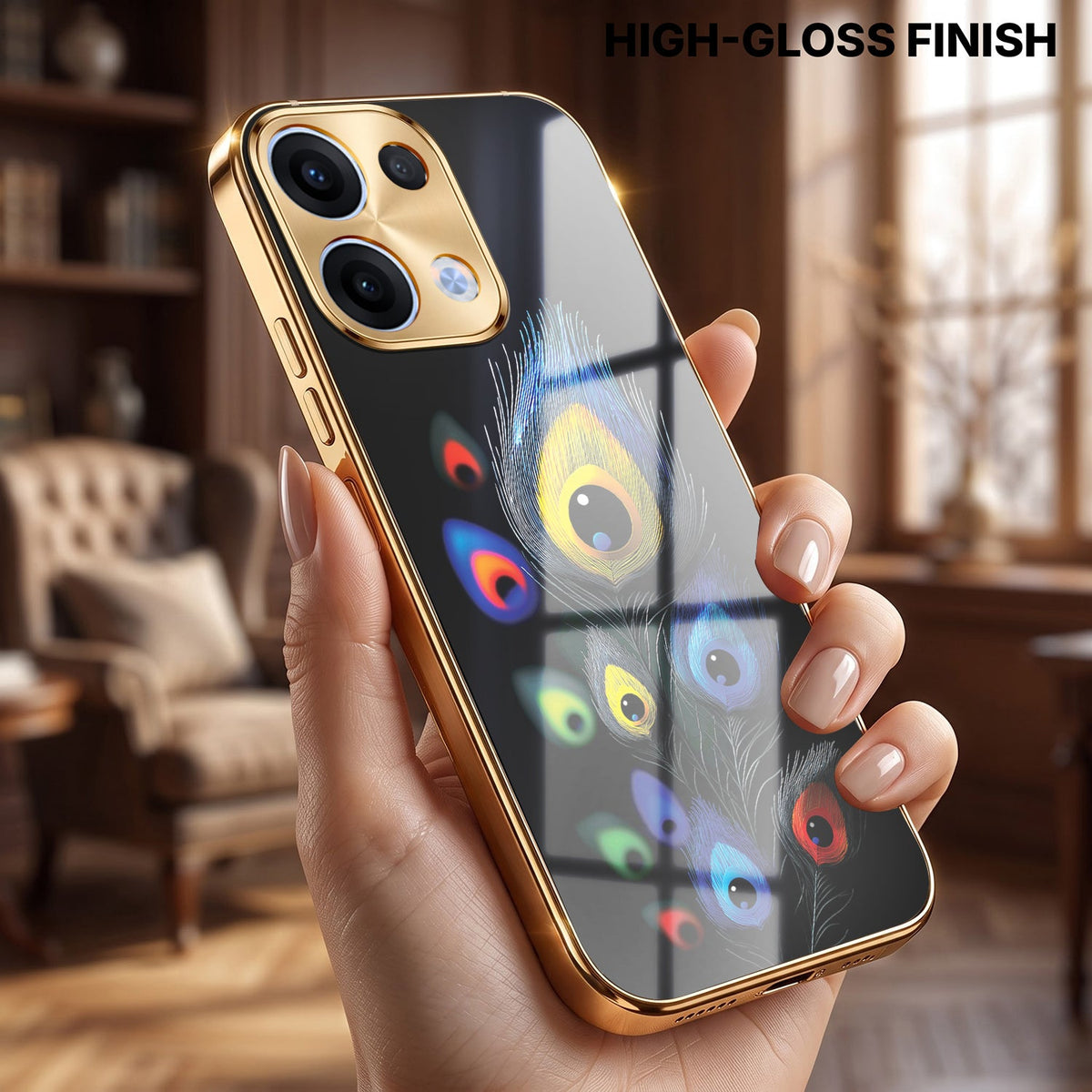 Oppo Reno 13 5G Premium Peacock Feather Gold Electroplated Glass Phone Back Case