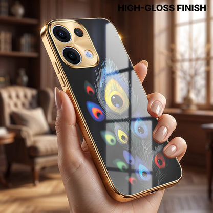 Oppo Reno 13 5G Premium Peacock Feather Gold Electroplated Glass Phone Back Case