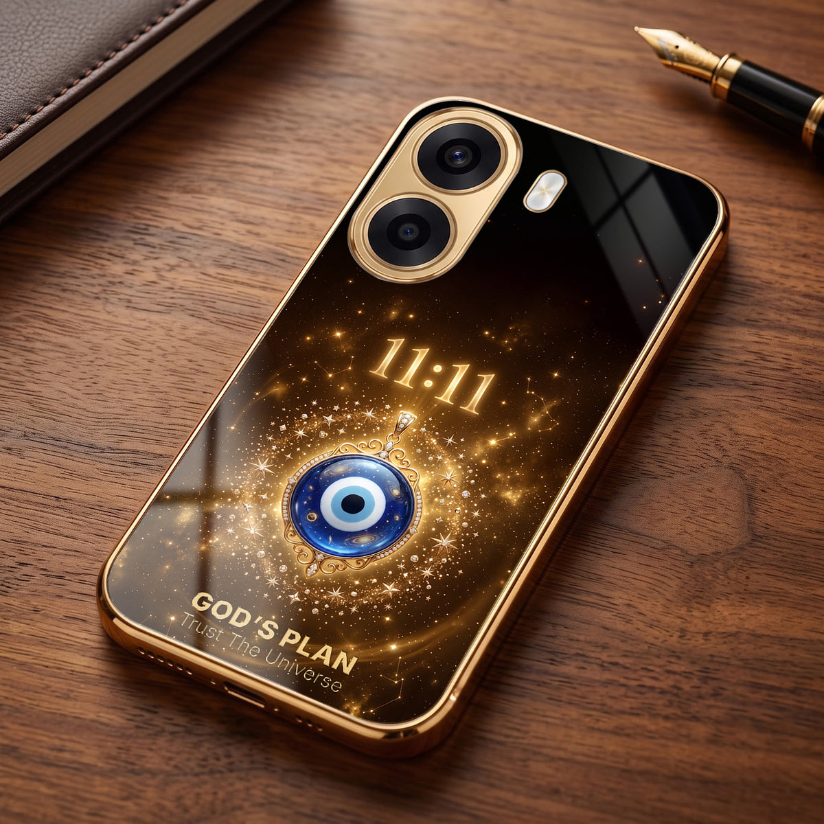 Oppo K14x 5G God’s Plan Evil Eye Gold Electroplated Glass Phone Back Case