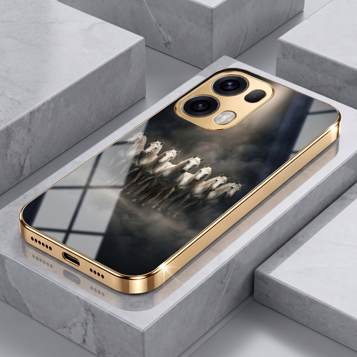 Oppo Reno 13 Pro 5G Running Horses Gold Electroplated Glass Phone Back Case