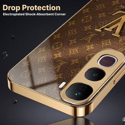 Vivo Y400 Pro 5G LV Brown Monogram Gold Electroplated Glass Phone Back Case