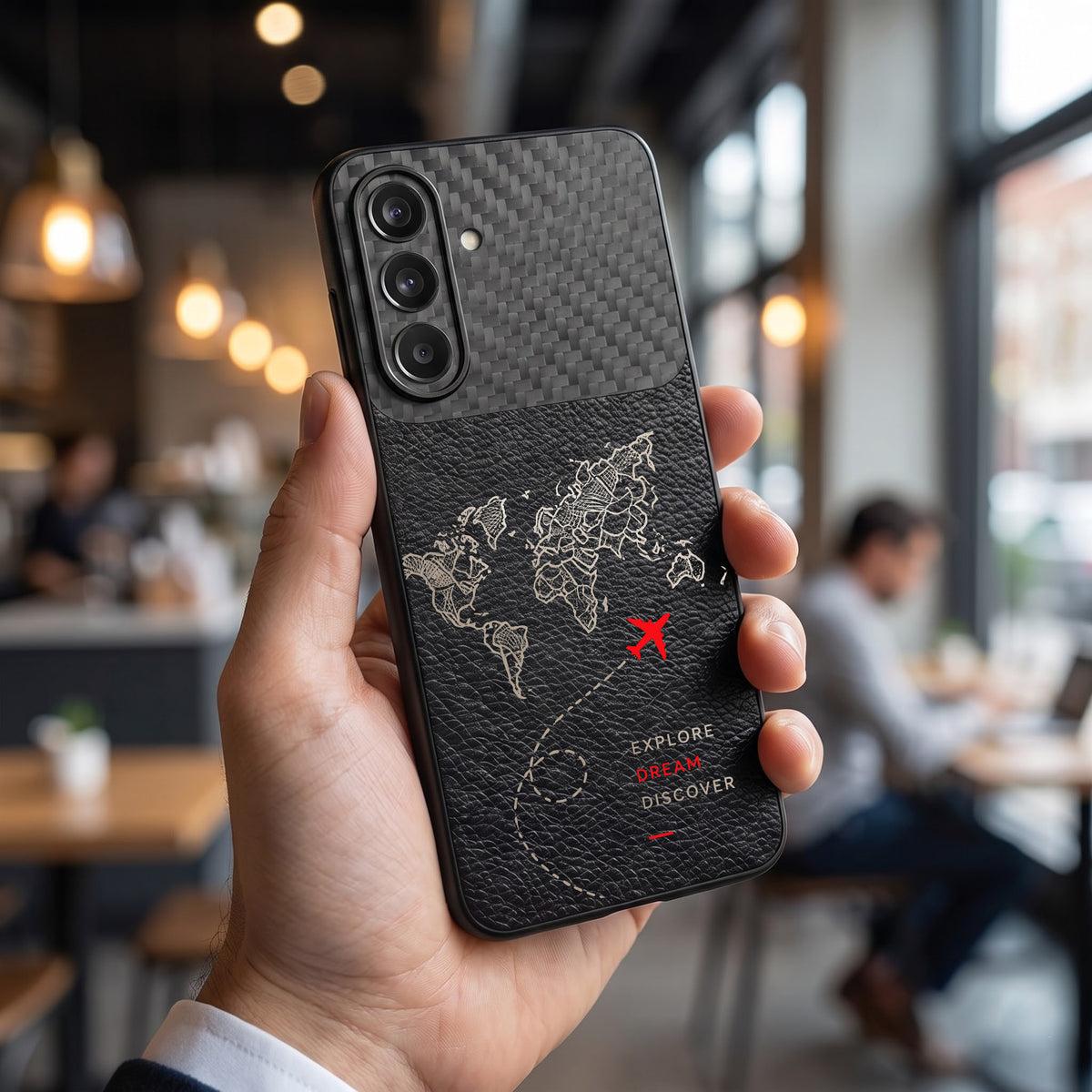 Samsung Galaxy A37 5G Travel Map Carbon Fiber Leather Hybrid Back Case