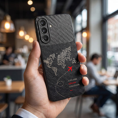 Samsung Galaxy A37 5G Travel Map Carbon Fiber Leather Hybrid Back Case