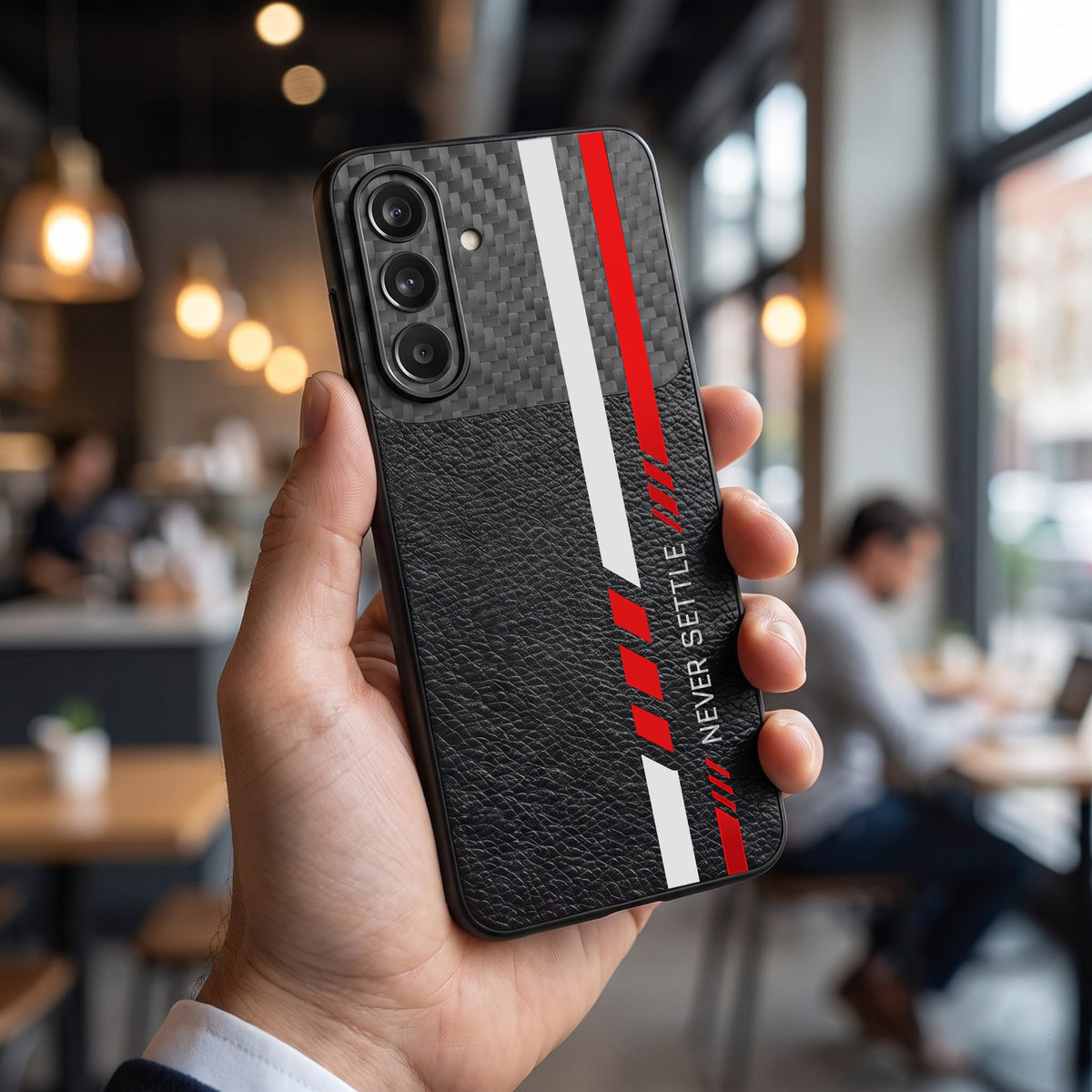 Samsung Galaxy A57 5G Sporty Stripe Focus Carbon Fiber Leather Hybrid Back Case