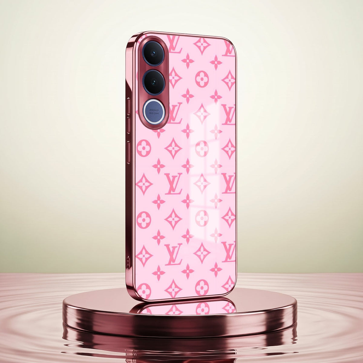 Vivo V70 FE 5G Luxury Monogram Pink Electroplated Glass Phone Back Case