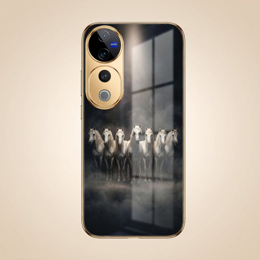 Vivo V40 Pro 5G Running Horses Gold Electroplated Glass Phone Back Case