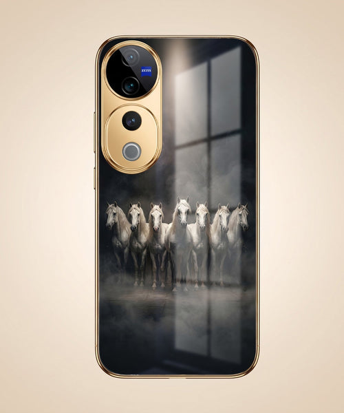 Vivo V40 Pro 5G Running Horses Gold Electroplated Glass Phone Back Case