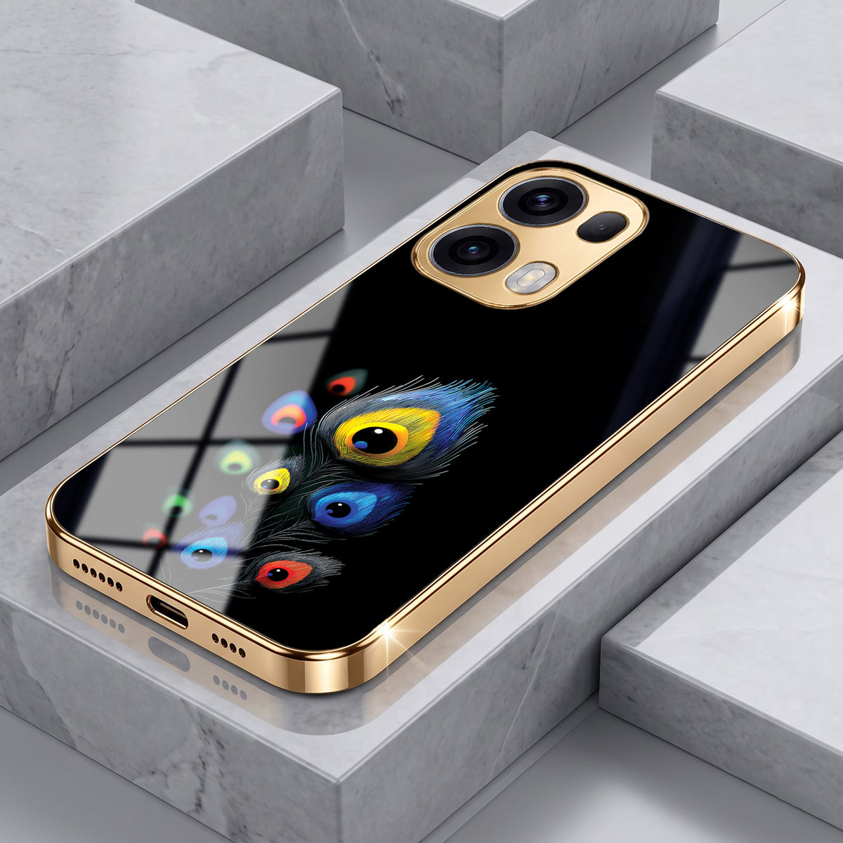 Oppo Reno 13 Pro 5G Multi-Feather Peacock Gold Electroplated Glass Phone Back Case