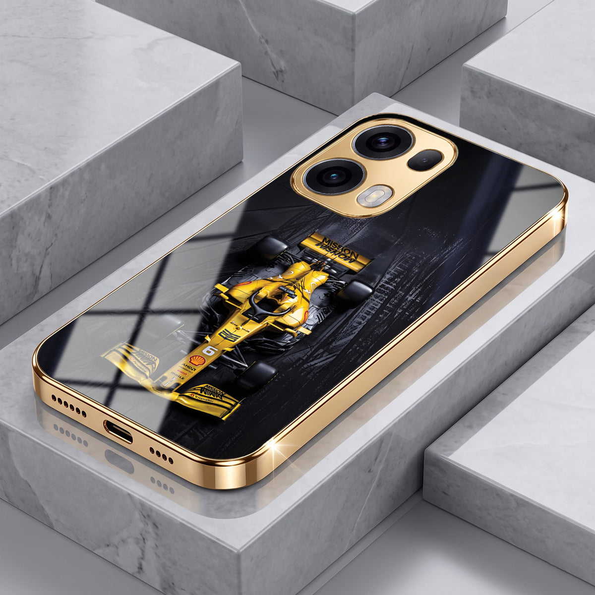 Oppo Reno 13 Pro 5G F1 Racing Car Gold Electroplated Glass Phone Back Case