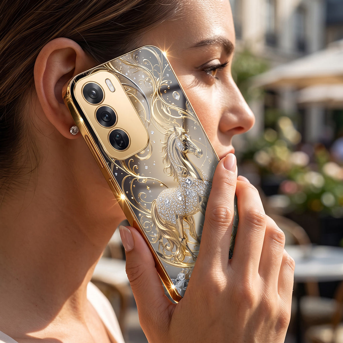 Oppo Reno 12 Pro 5G Luxury Horse Texture Gold Electroplated Glass Phone Back Case