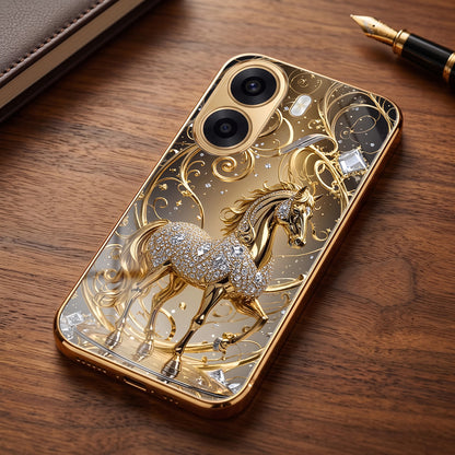 Oppo K14x 5G Luxury Horse Texture Gold Electroplated Glass Phone Back Case