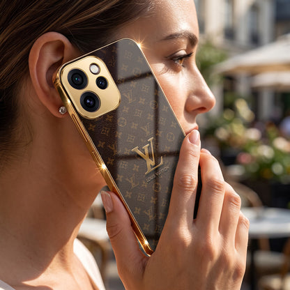 Oppo Reno 15 Pro Mini 5G LV Brown Monogram Gold Electroplated Glass Phone Back Case