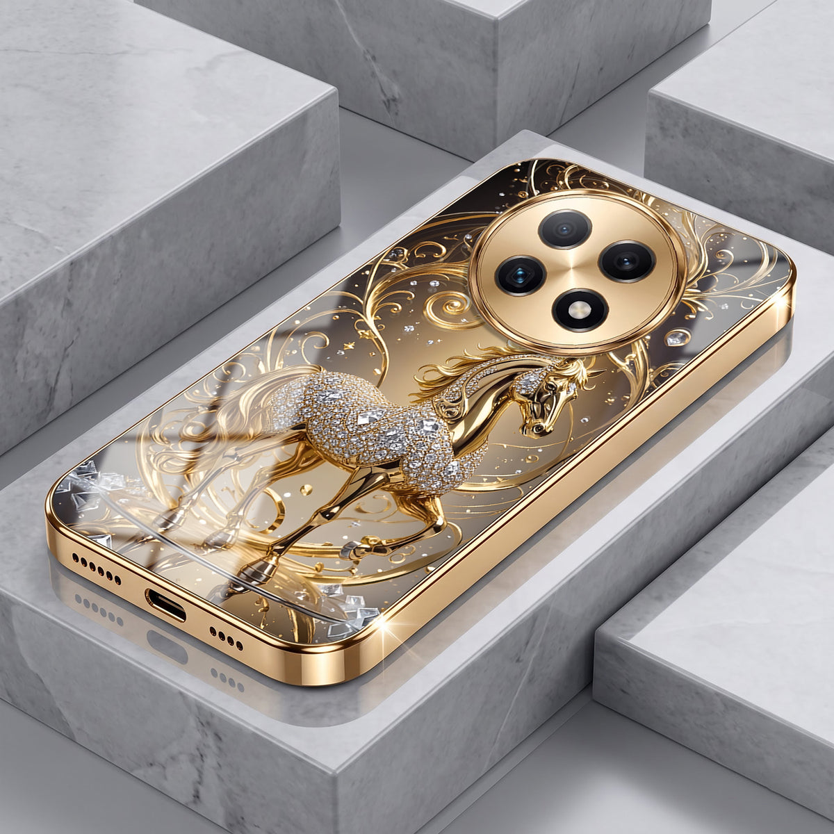 Oppo F29 Pro 5G Luxury Horse Texture Gold Electroplated Glass Phone Back Case