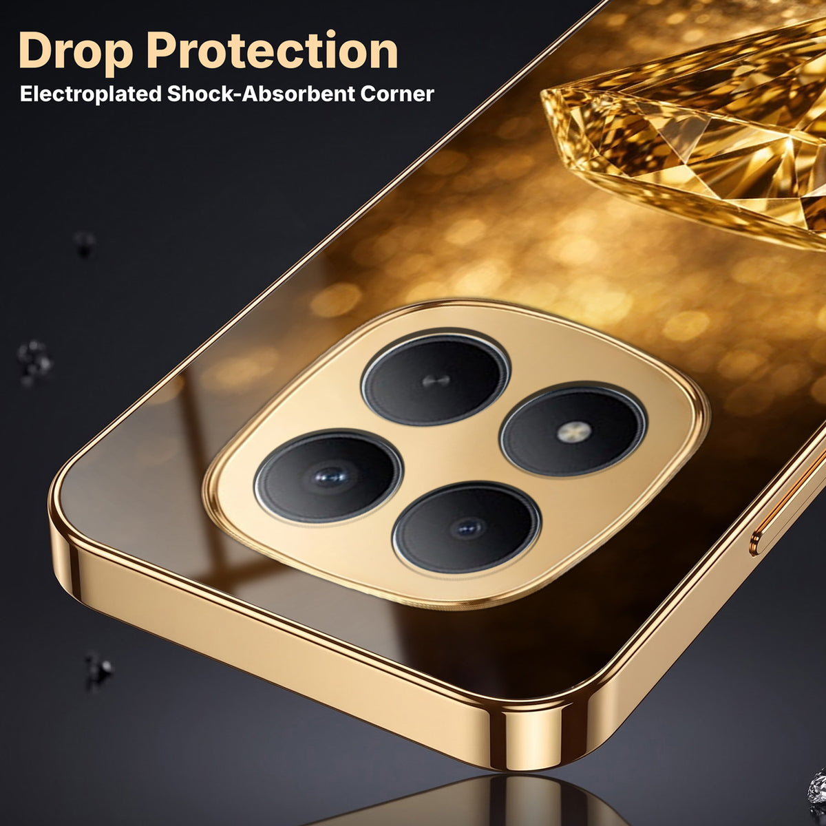 Redmi Note 15 Pro+ 5G Golden Diamond Gold Electroplated Glass Phone Back Case