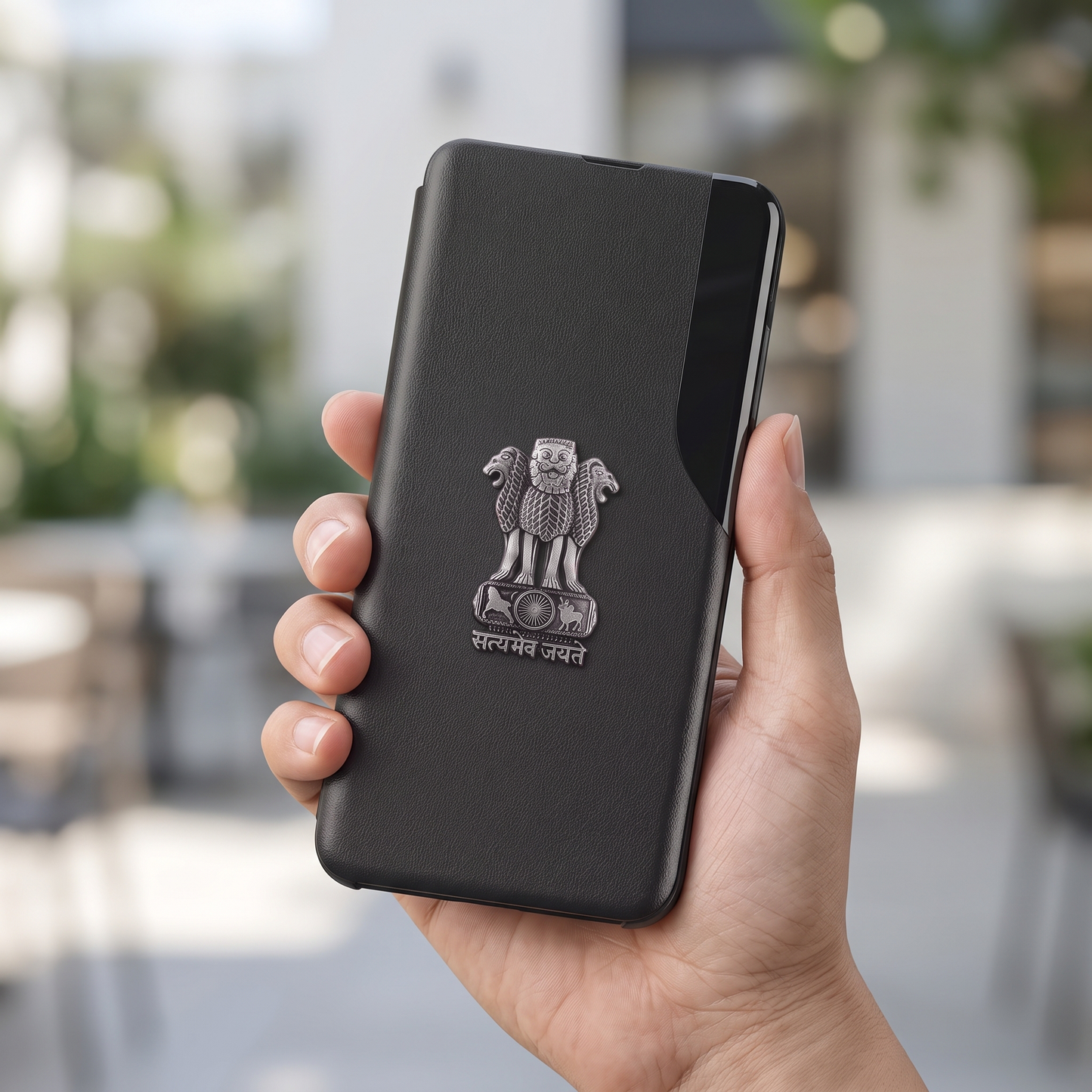 Vivo V40 Pro 5G Metal Emblem Satyamev Jayate Half Window Leather Flip Case