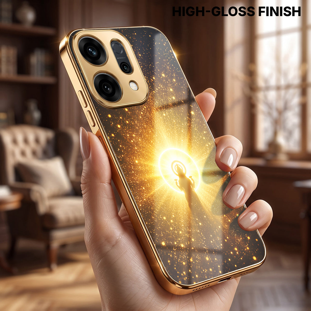 Oppo Reno 14 5G Lakshmi Sacred Gold Electroplated Glass Phone Back Case