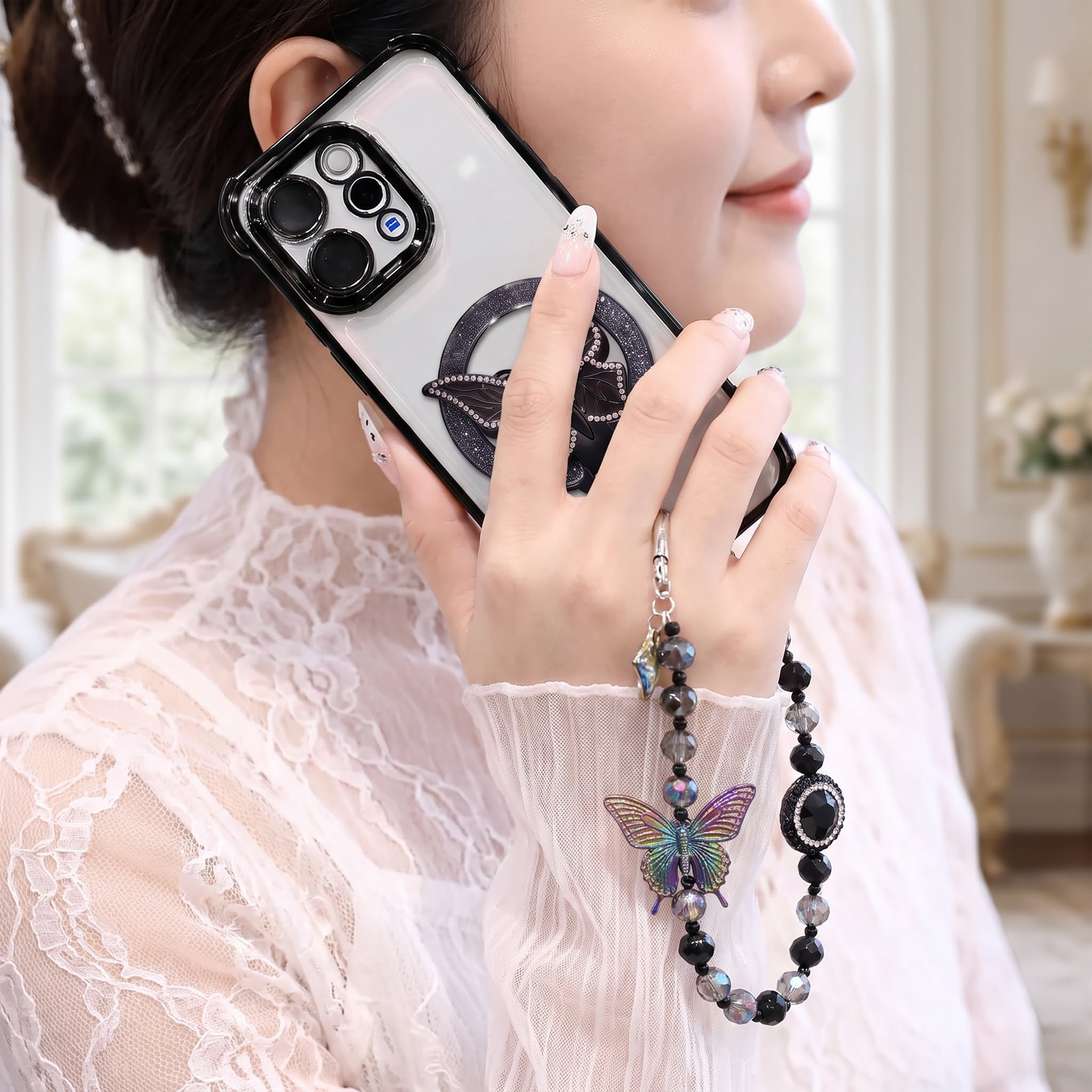 Vivo V70 5G Transparent Airbag Butterfly Stand Case with Charm Strap