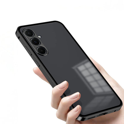 Black smartphone held in a hand with a white background