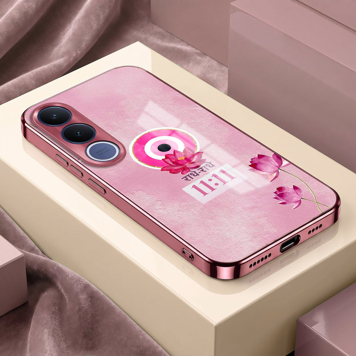 Vivo V70 FE 5G Luxury Radhe Radhe 11:11 Pink Electroplated Glass Phone Back Case