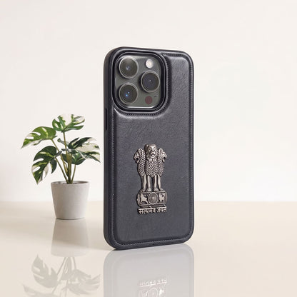 iPhone 15 Series 5G Skin Feel Leather Metal Satyamev Jayate Emblem Case
