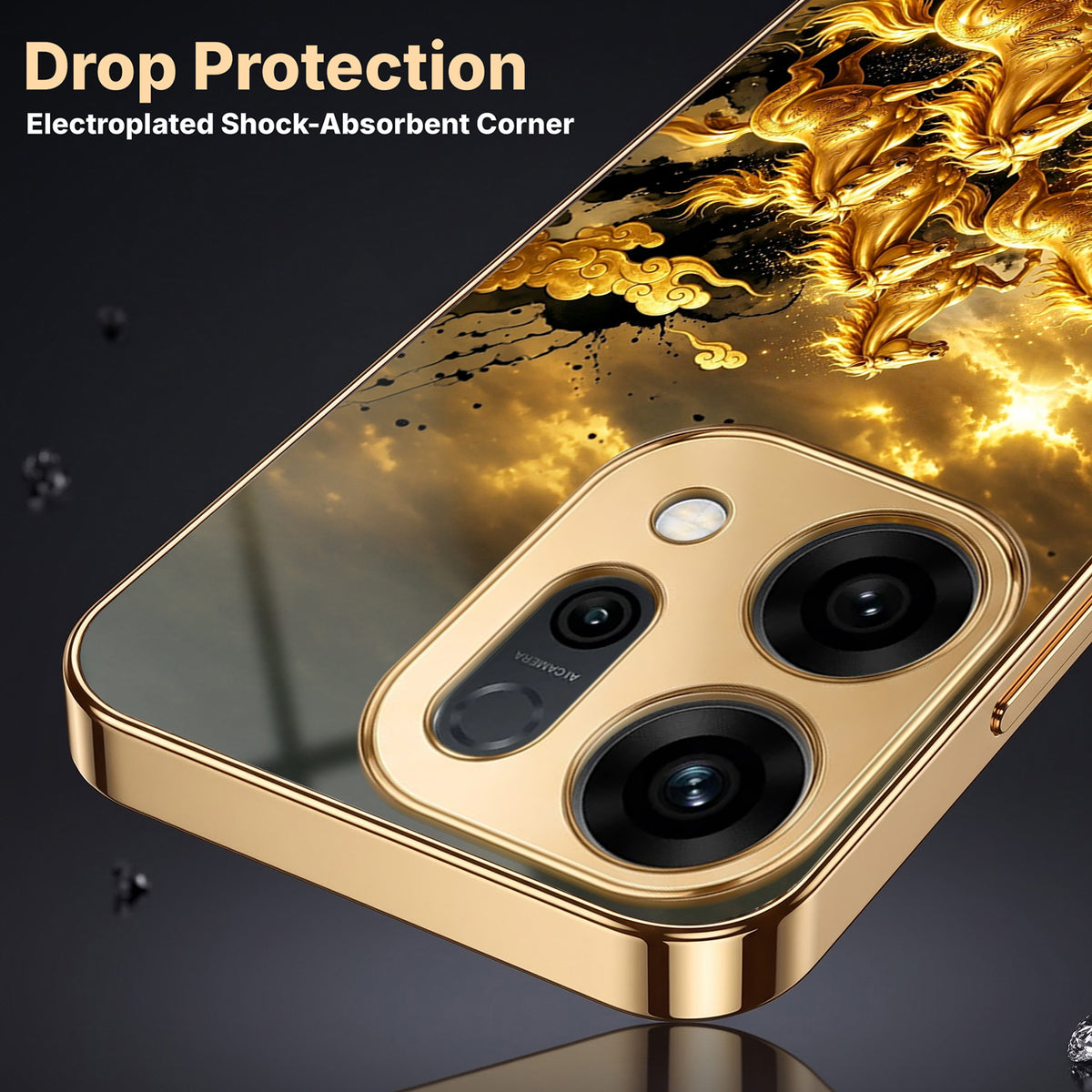 Oppo Reno 14 5G Celestial Seven Horses Gold Electroplated Glass Phone Back Case