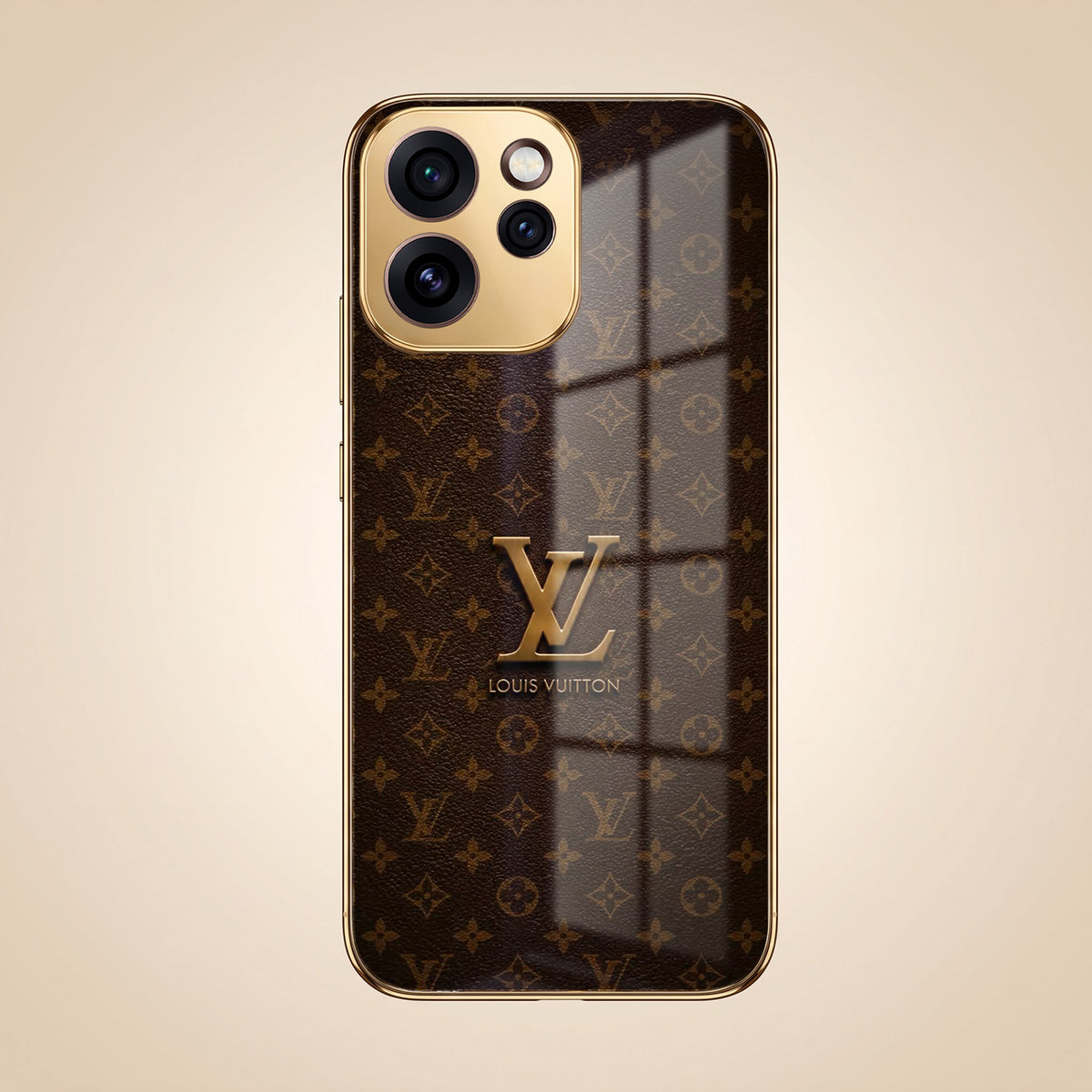 Oppo Reno 15 Pro Mini 5G LV Brown Monogram Gold Electroplated Glass Phone Back Case